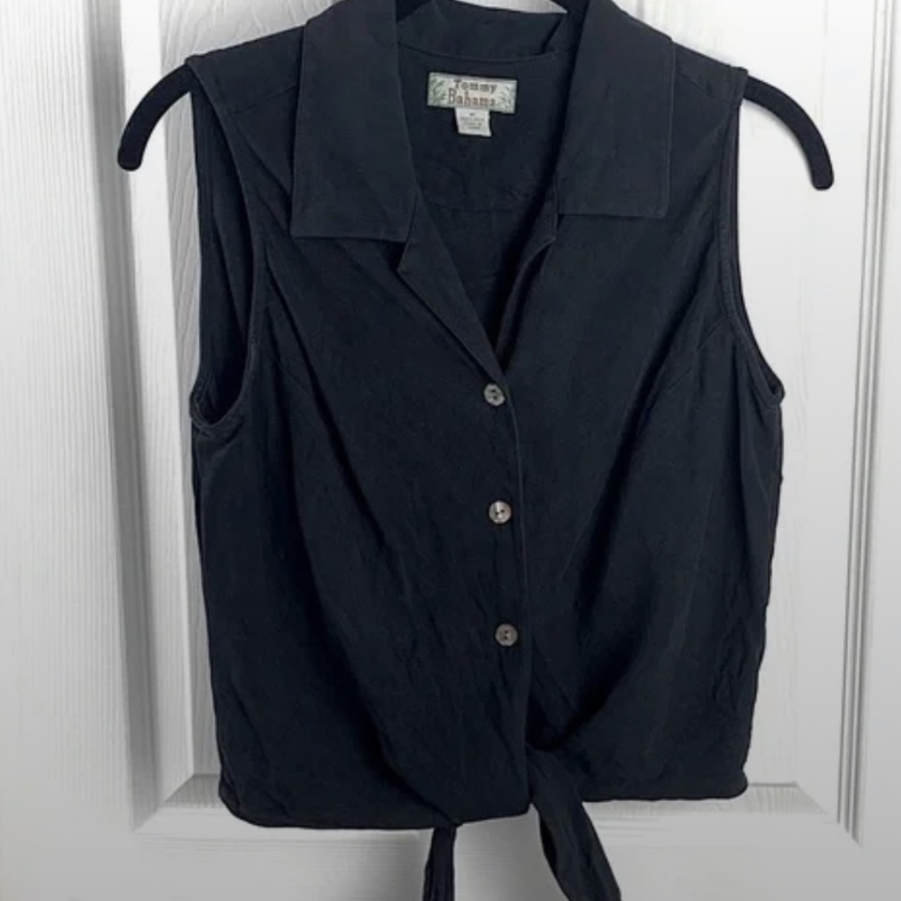 Tommy Bahama Black Silk Tie-Front Button-Up S